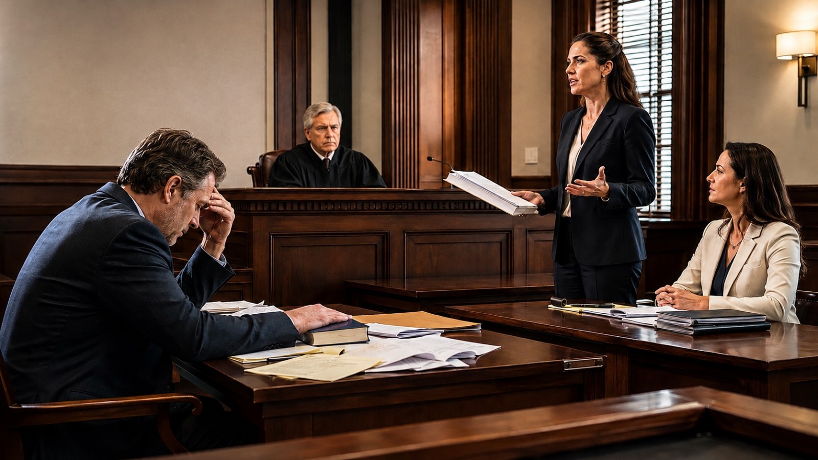 Overwhelmed self-represented husband facing his wife and her attorney in Family Court