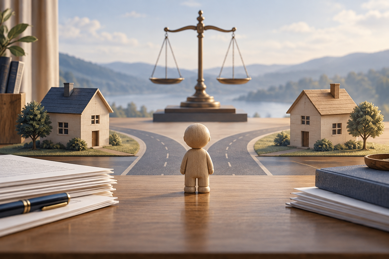 Wooden child figure between two homes and branching roads, with scales of justice behind, illustrating a child custody relocation decision