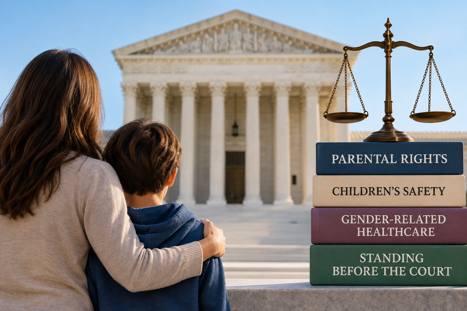 “Parent embracing a child outside the U.S. Supreme Court, with scales of justice symbolizing the debate over parental rights, children's safety, transgender healthcare, and constitutional standing.”