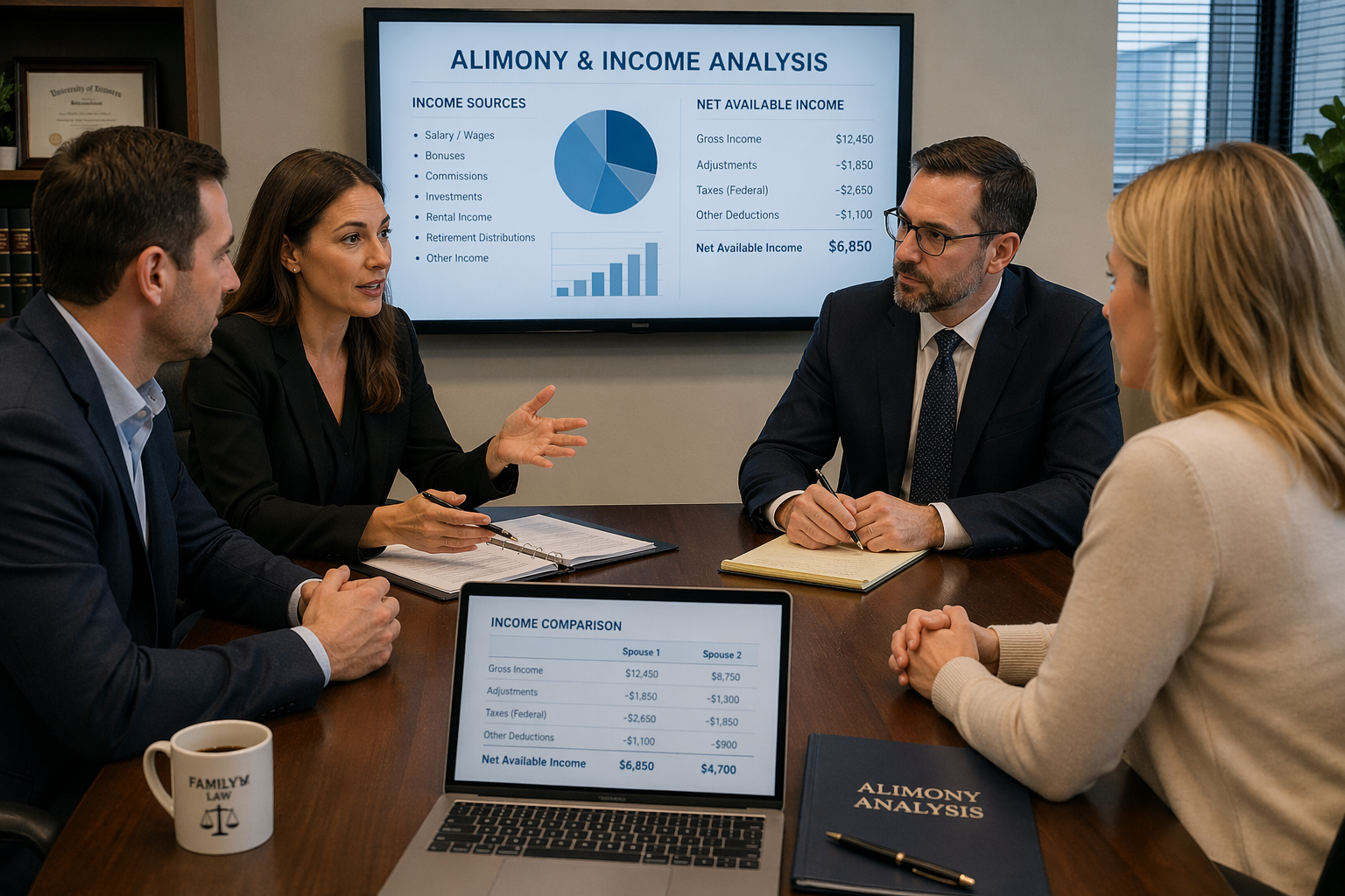 Two people and their lawyers review financial graphs during divorce settlement discussions